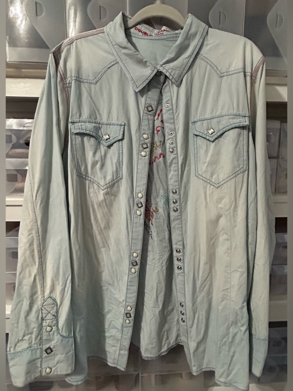 Double D Ranch Light Blue Western Shirt with Red Princess Little Flower Logo